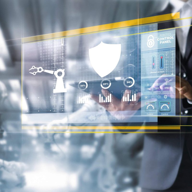 Manager industrial Engineer using tablet check and control automation robot arms machine in intelligent factory industrial over system on virtual interface screen, Industry 4.0 concept